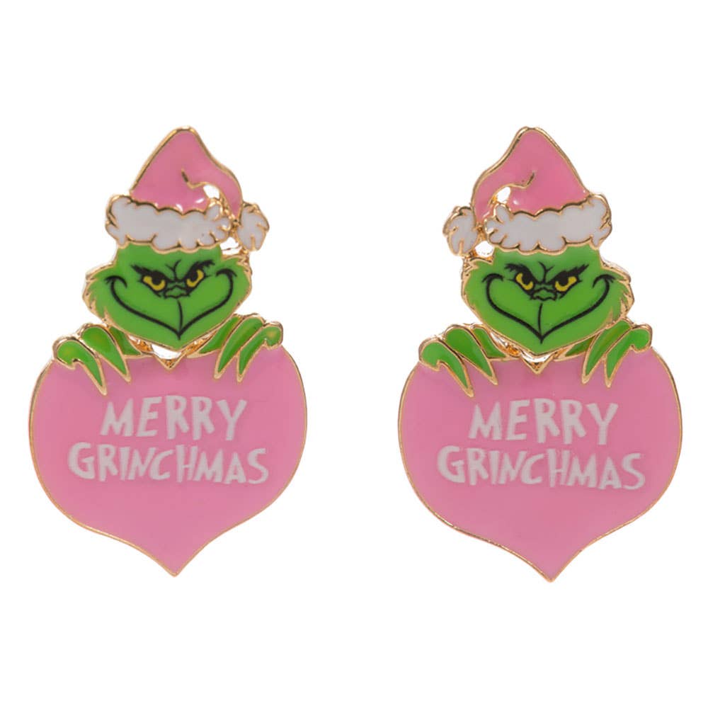 MERRY CHRISTMAS Heart Grinch Green Monster Earrings