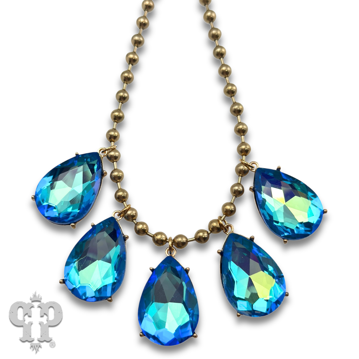 Ball chain necklace with large rhinestone teardrop charms