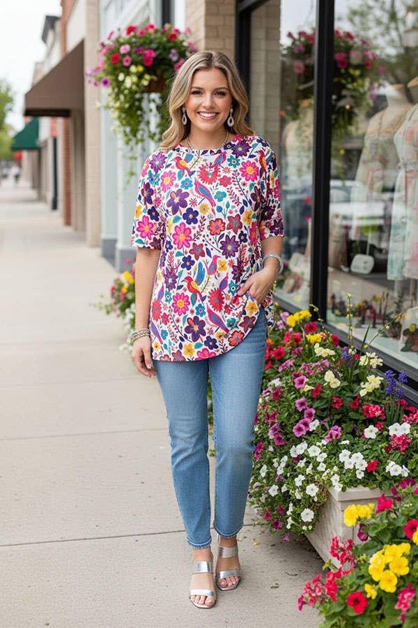 Spring multicolor floral short sleeve women top GJQ16622