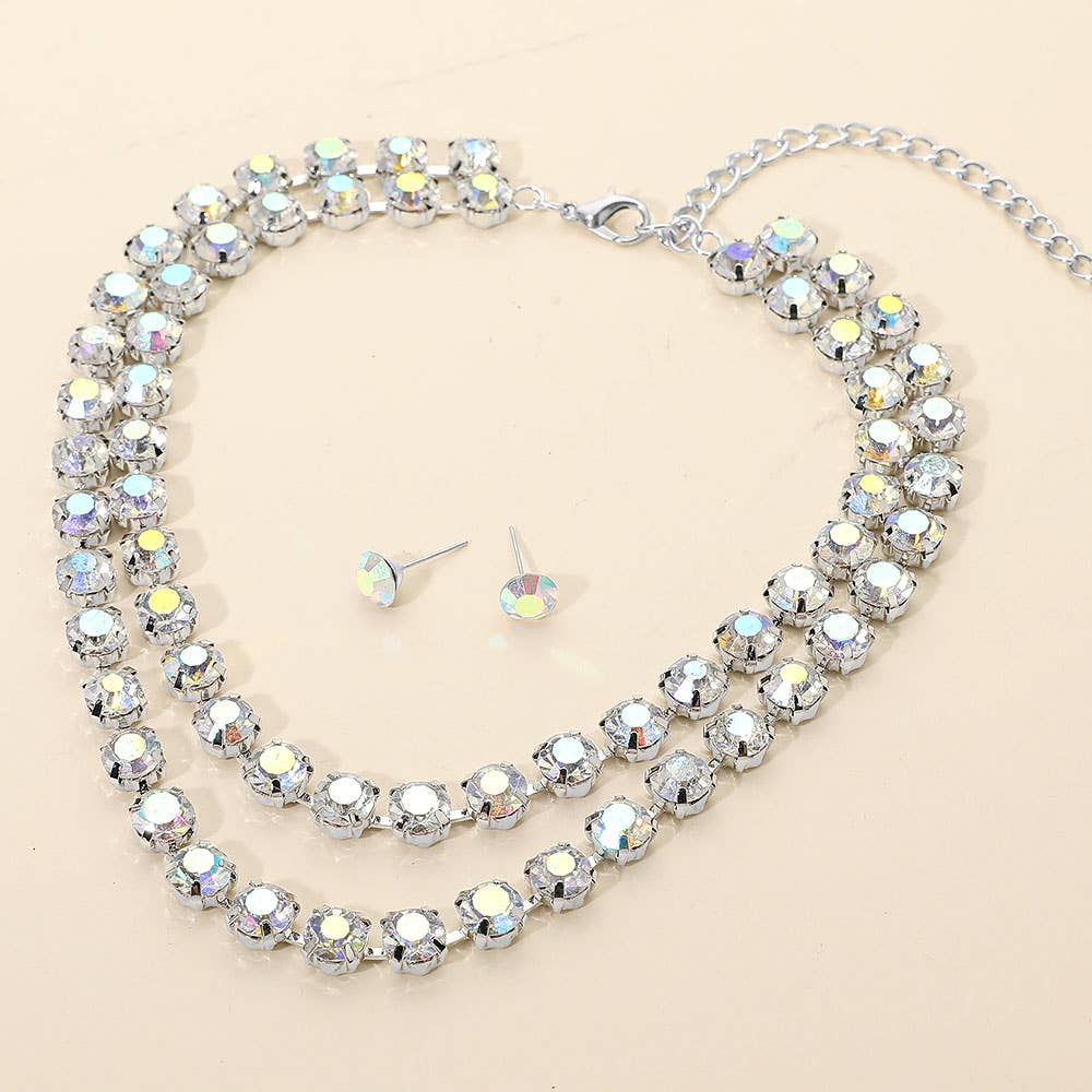 Double Row Round Stone Cluster Link Layered Necklace
