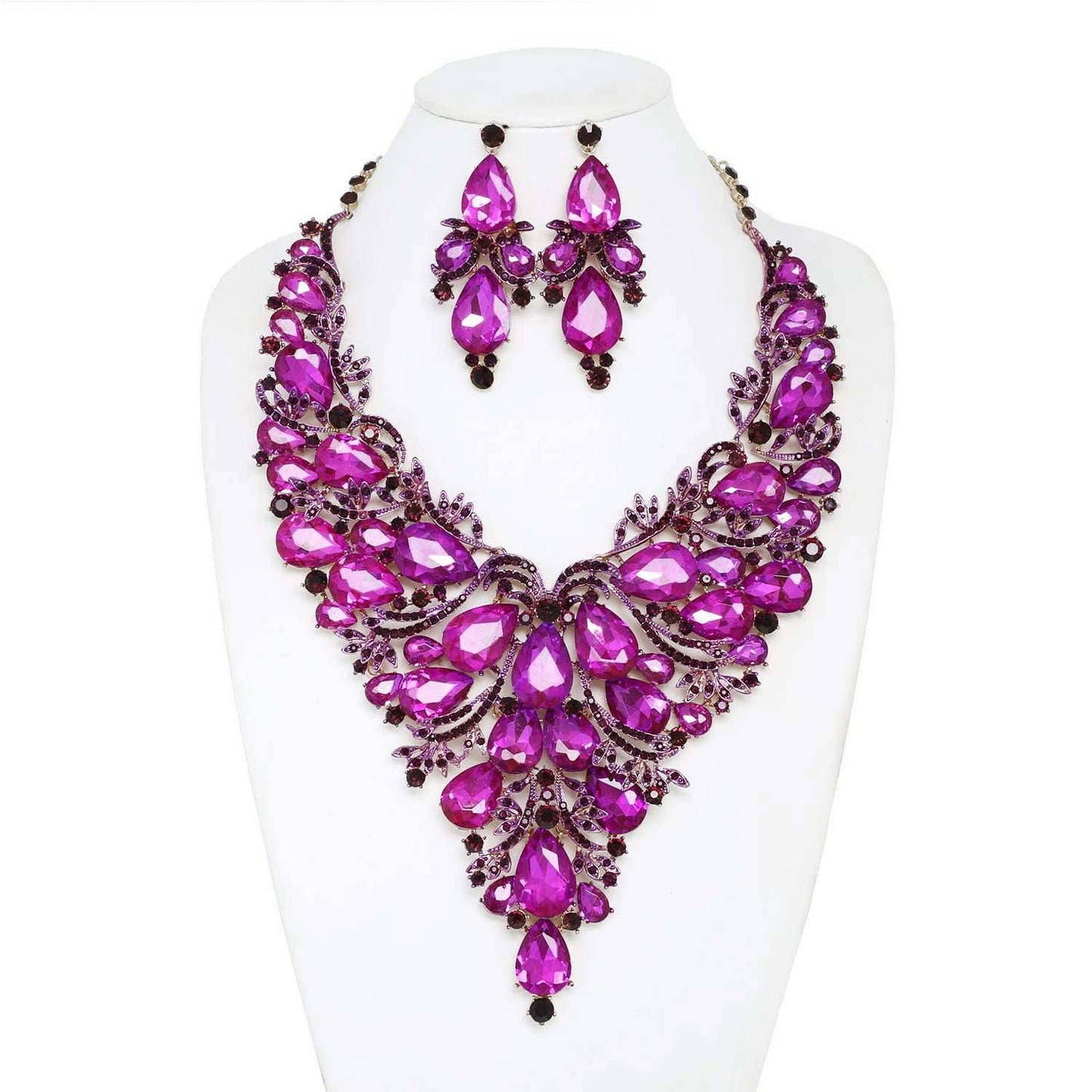 Crystal Gemstone Cluster V-Shaped Necklace Set