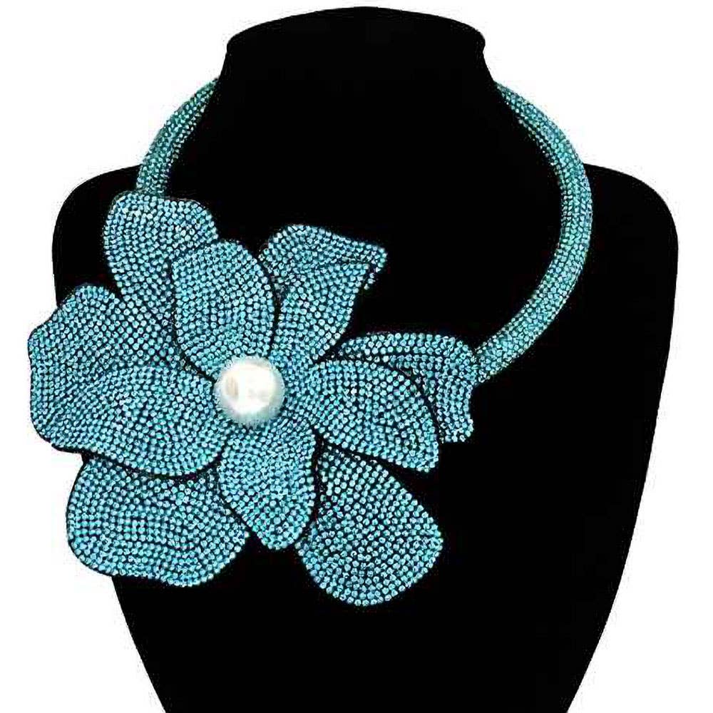 Pearl Centered Bling Studded Oversized Flower Pointed Necklace