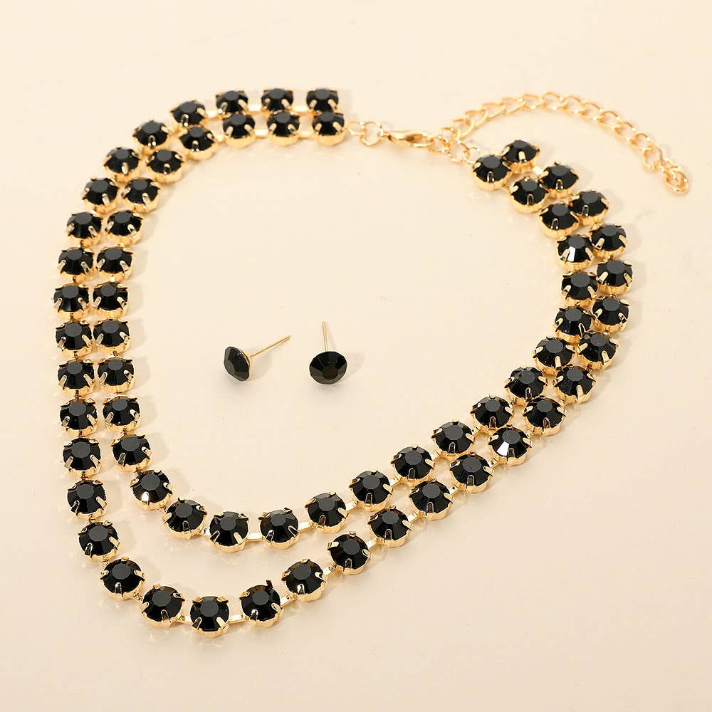 Double Row Round Stone Cluster Link Layered Necklace