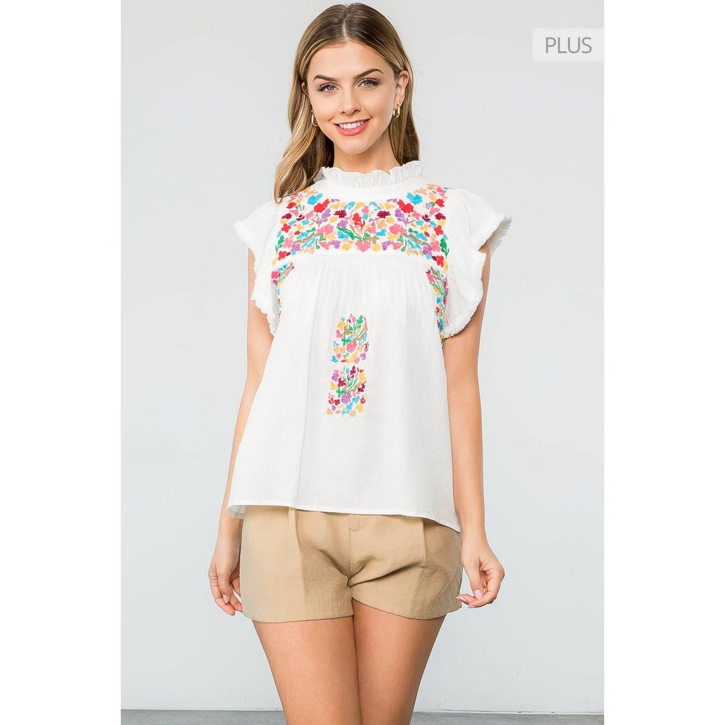 /Size XL/ Floral Embroidery Flutter Sleeve Top