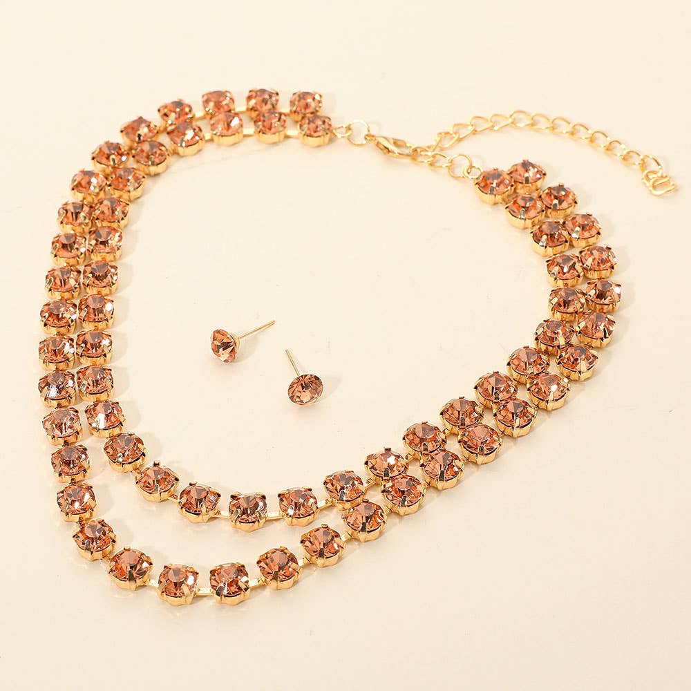 Double Row Round Stone Cluster Link Layered Necklace