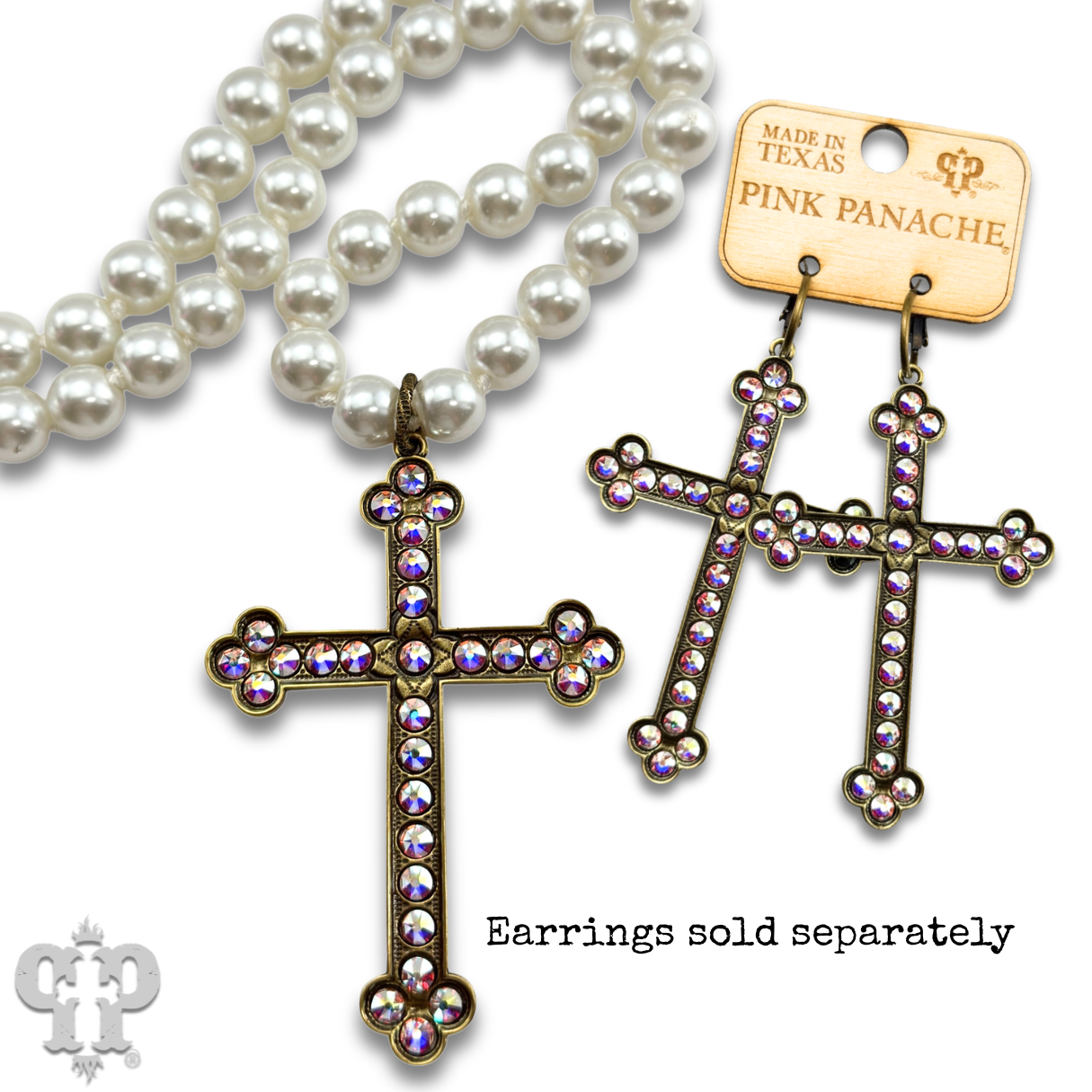Large gold cross on pearl necklace with Austrian crystals