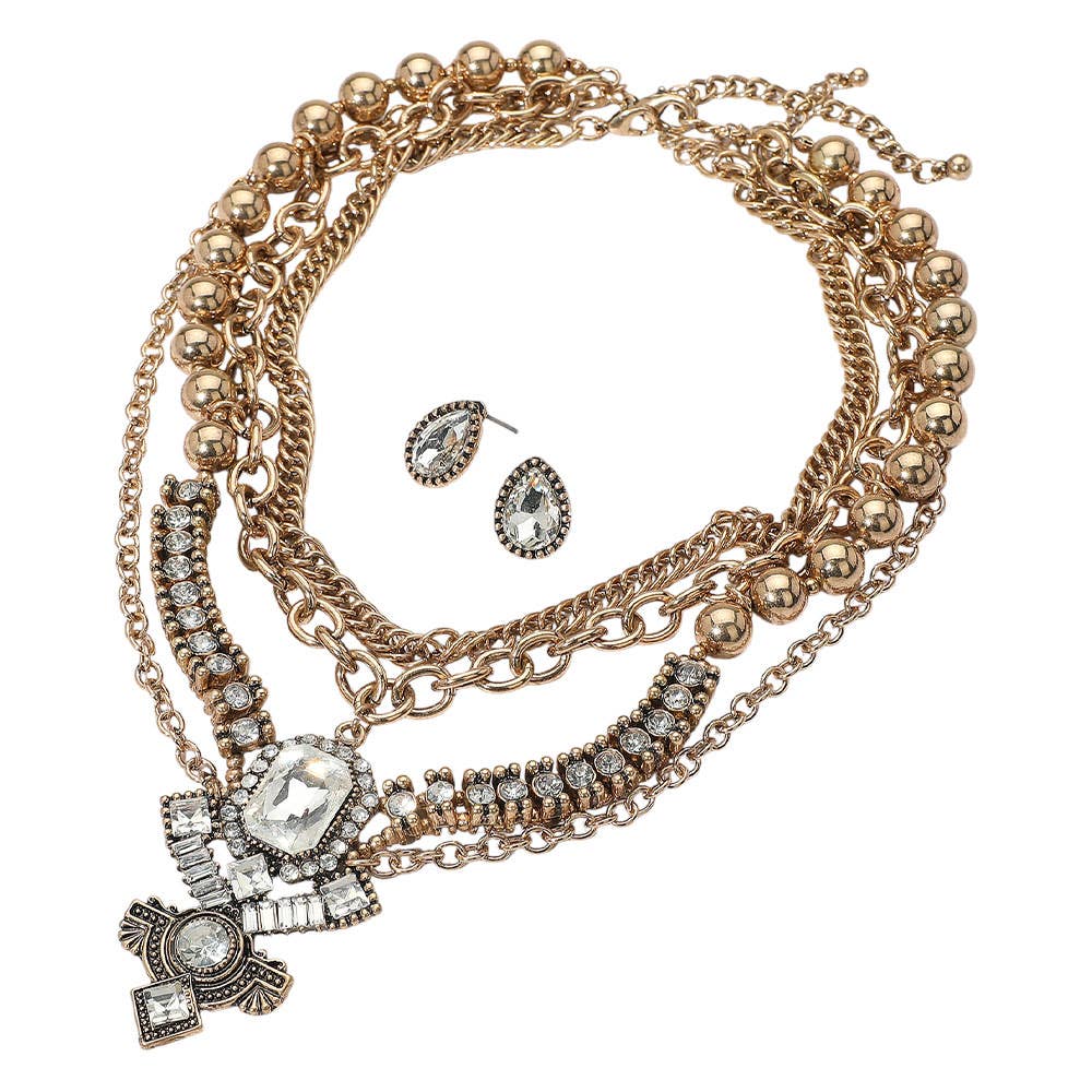 2PCS - Bold Antique Metal Cross Multi Layered Crystal Statement Necklace