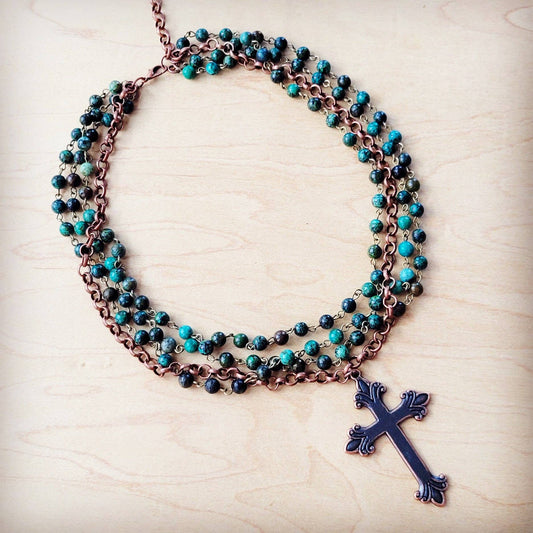 African Turquoise Beaded Collar Necklace w/ Cross Pendant 261c