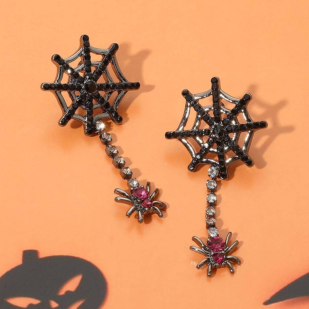 Rhinestone Embellished Halloween Spider Drop Earrings