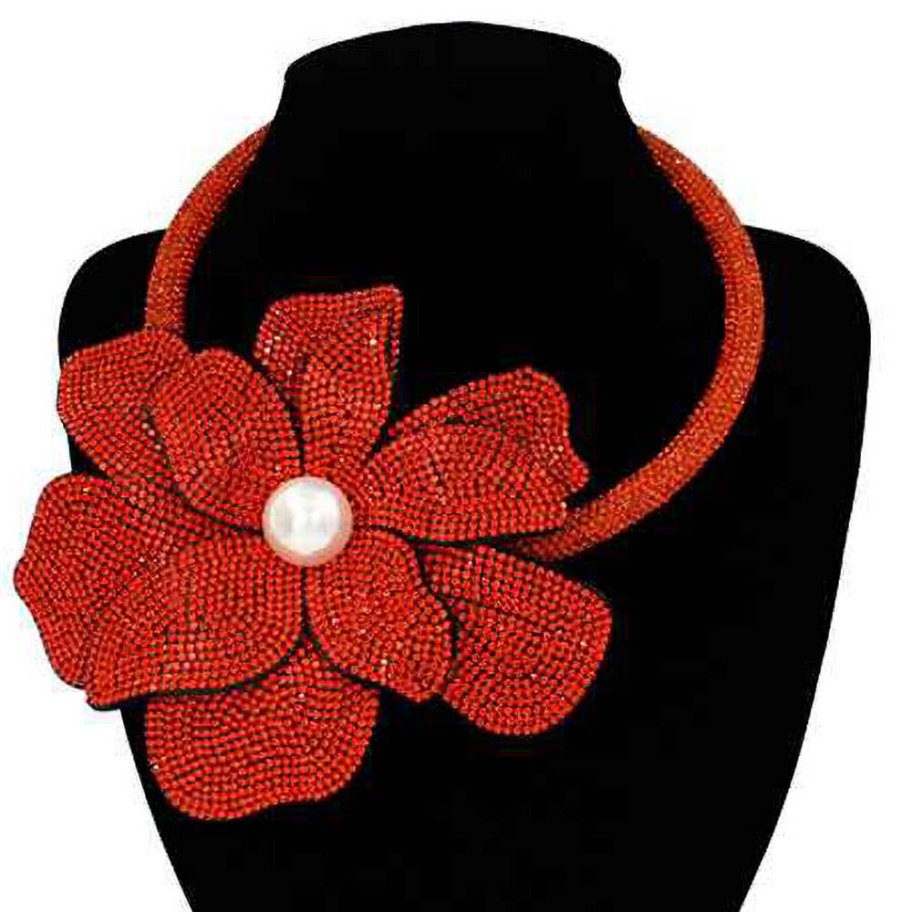 Pearl Centered Bling Studded Oversized Flower Pointed Necklace