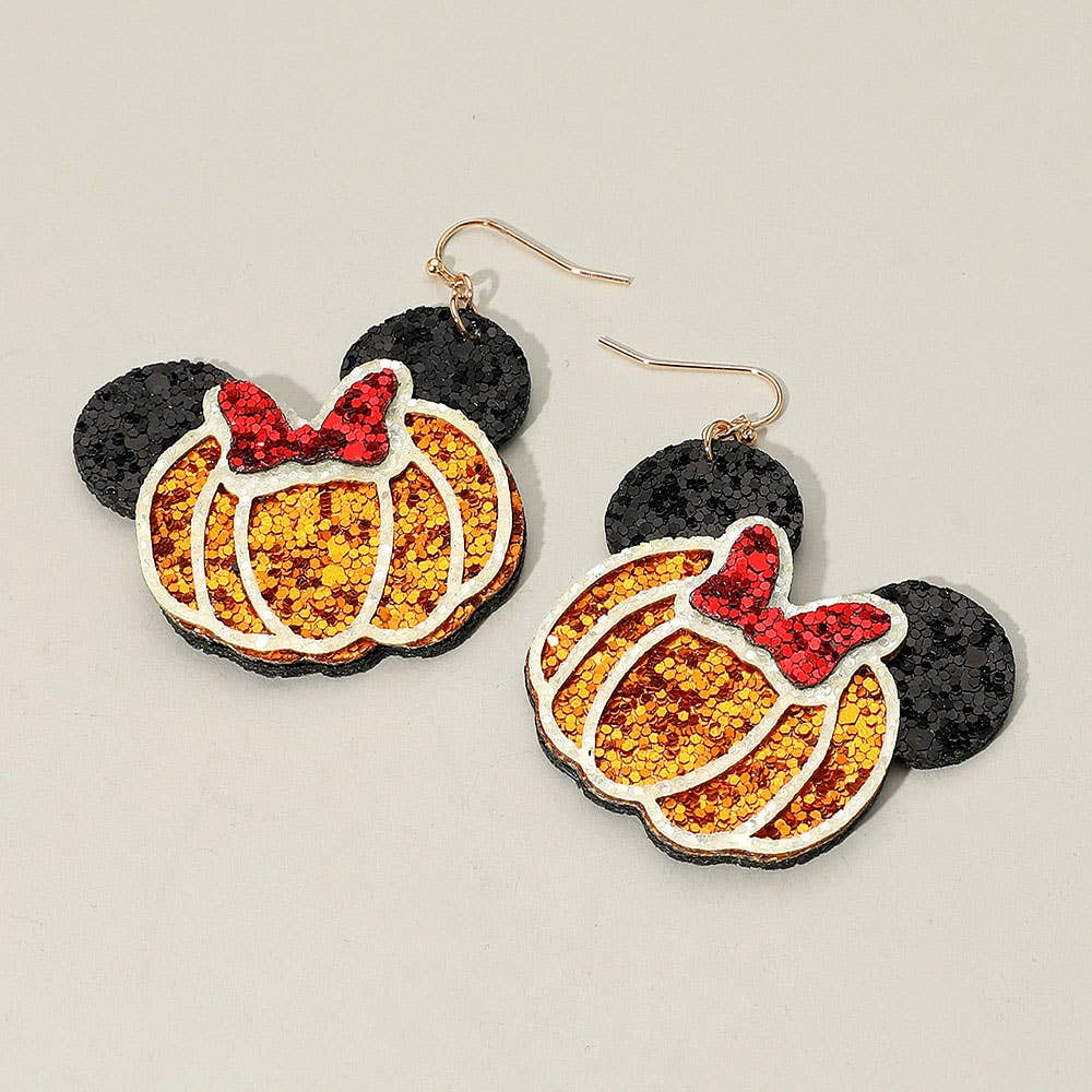 Glittered Halloween Pumpkin Mouse Character Dangle Earrings