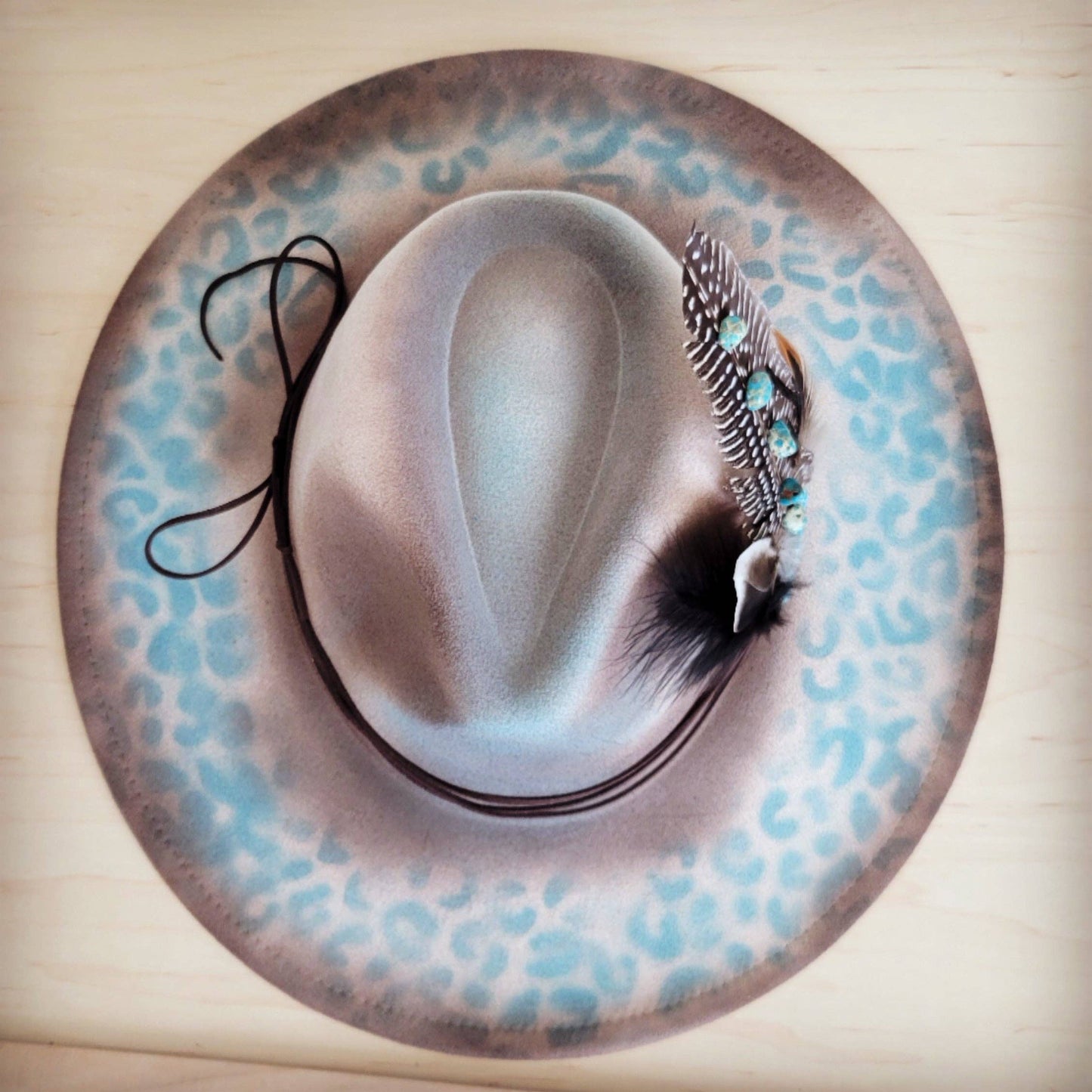 Hand-Painted Leopard Boho Western Cowgirl Hat & Band-Brown/Turq 986t