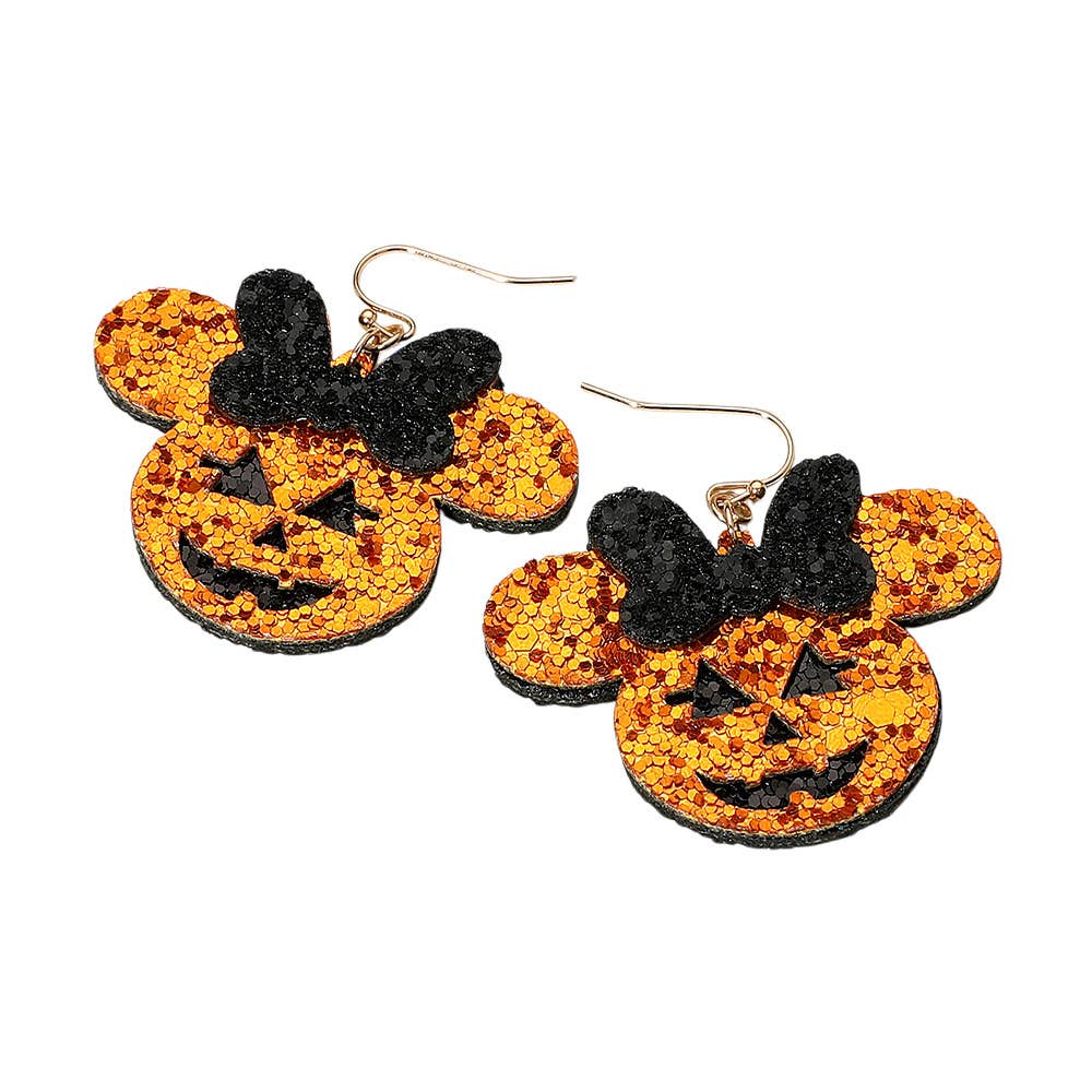 Glittered Halloween Pumpkin Mouse Character Dangle Earrings