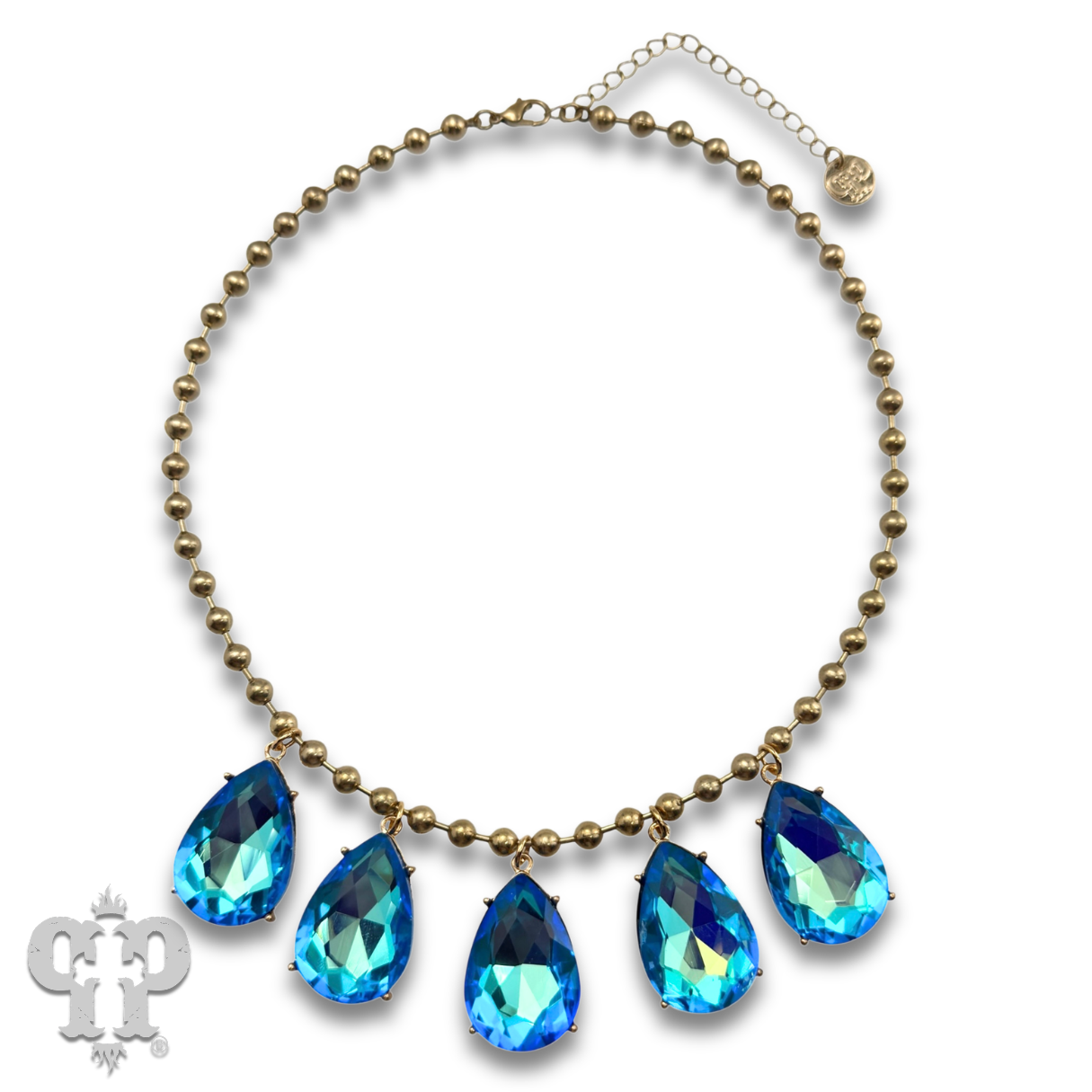 Ball chain necklace with large rhinestone teardrop charms