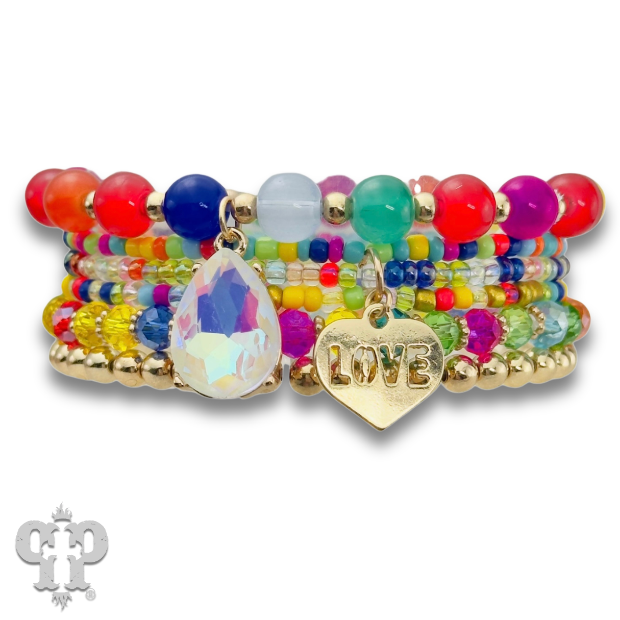 Multi-color bead bracelet with love charm