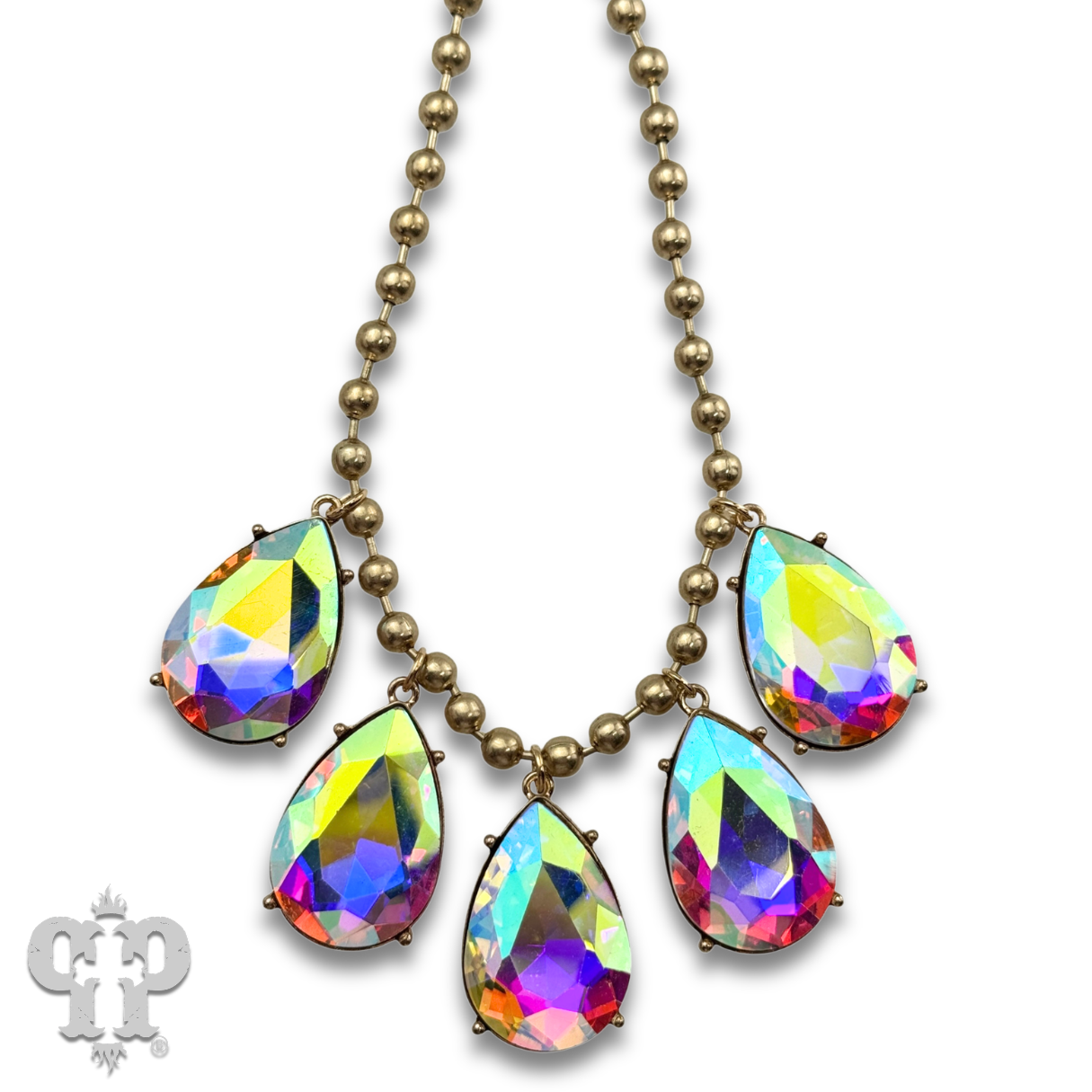 Ball chain necklace with large rhinestone teardrop charms