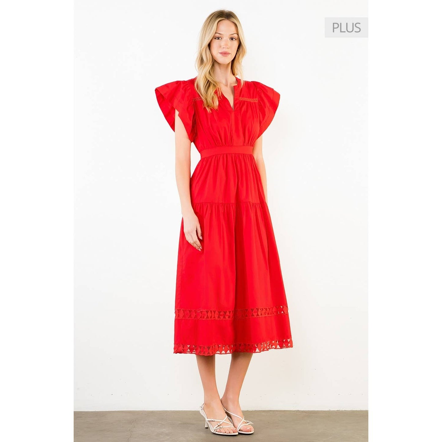 /Size XL/ Ruffled Sleeves V-Neck Tiered Midi Dress