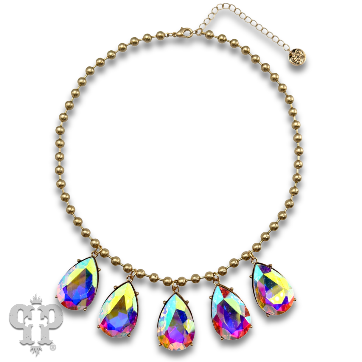 Ball chain necklace with large rhinestone teardrop charms