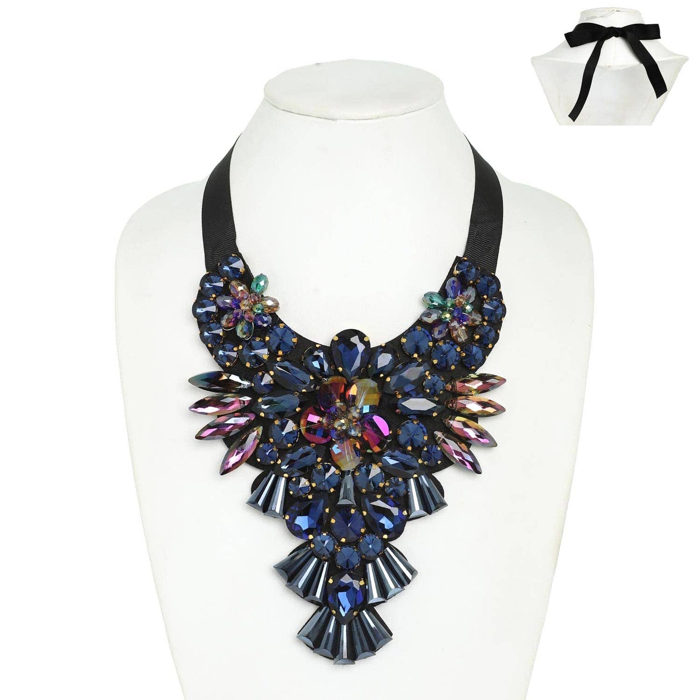 Floral Crystal Gemstone Ribbon Bib Necklace
