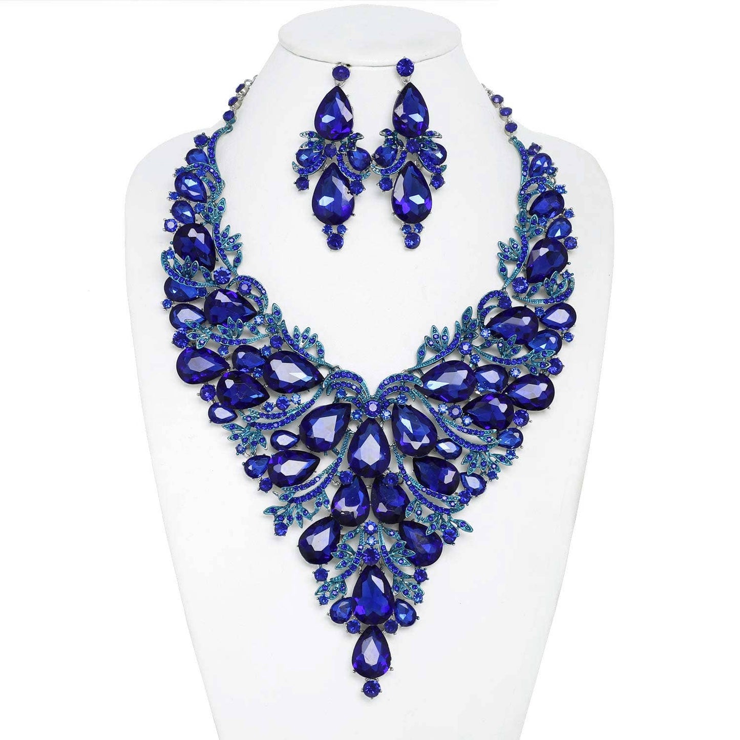 Crystal Gemstone Cluster V-Shaped Necklace Set