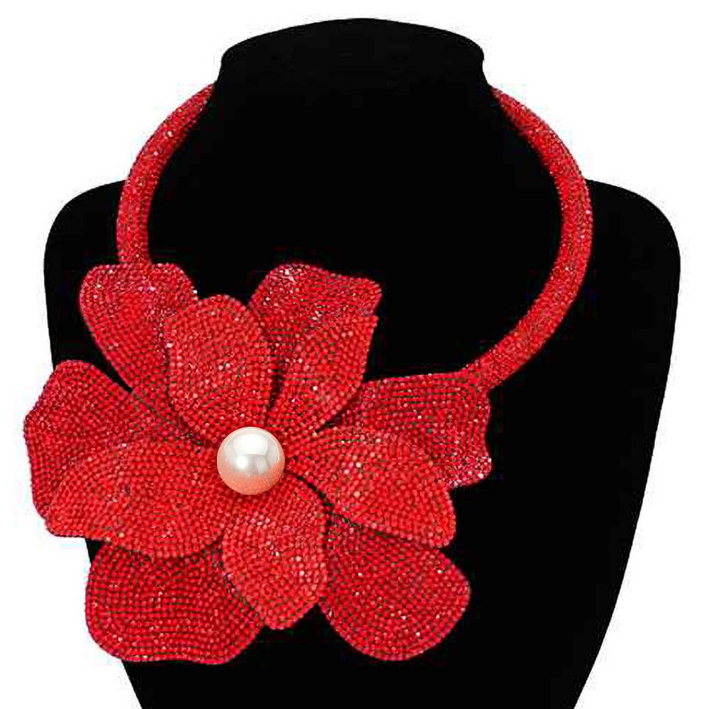 Pearl Centered Bling Studded Oversized Flower Pointed Necklace