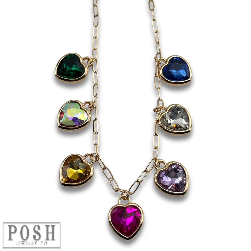 Multi-color rhinestone heart charm necklace
