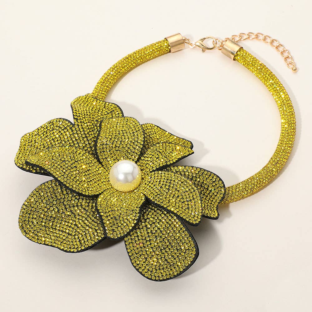 Pearl Centered Bling Studded Oversized Flower Pointed Necklace