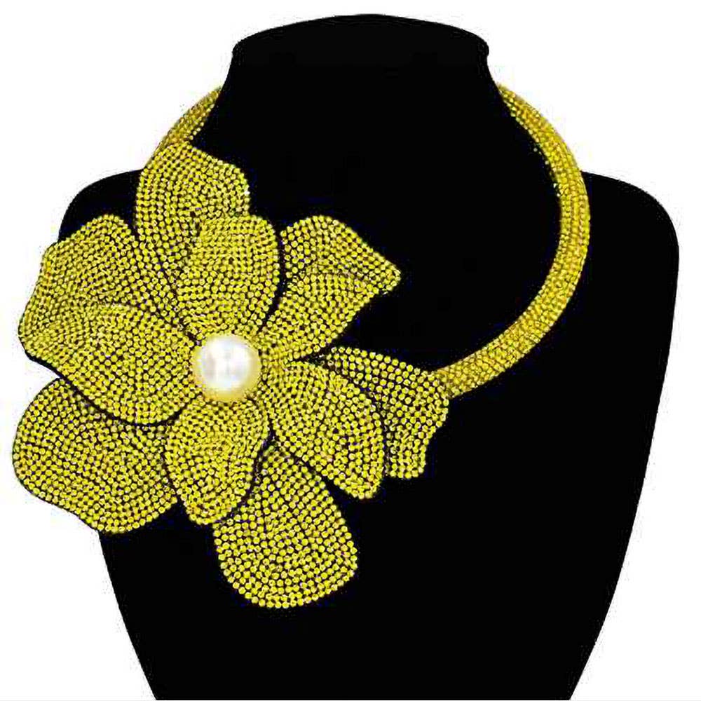 Pearl Centered Bling Studded Oversized Flower Pointed Necklace