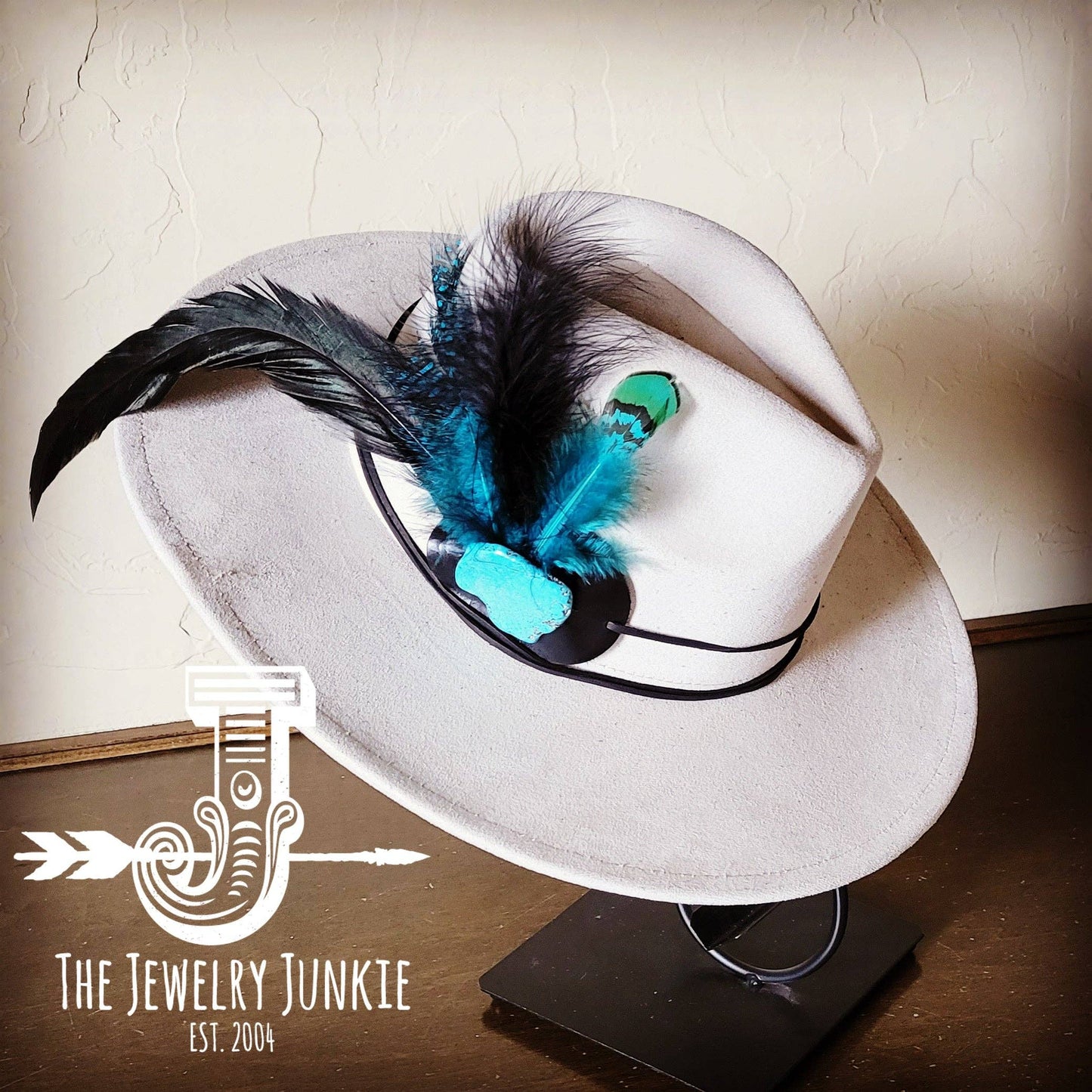 Marabou Blue Spotted Feather & Turq Slab Hat Band + Hat