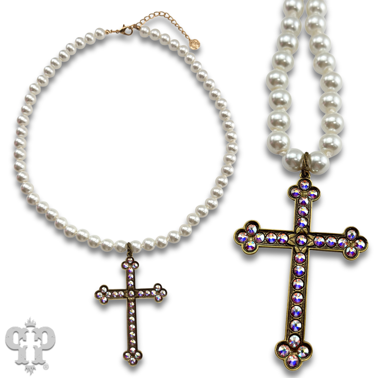 Large gold cross on pearl necklace with Austrian crystals