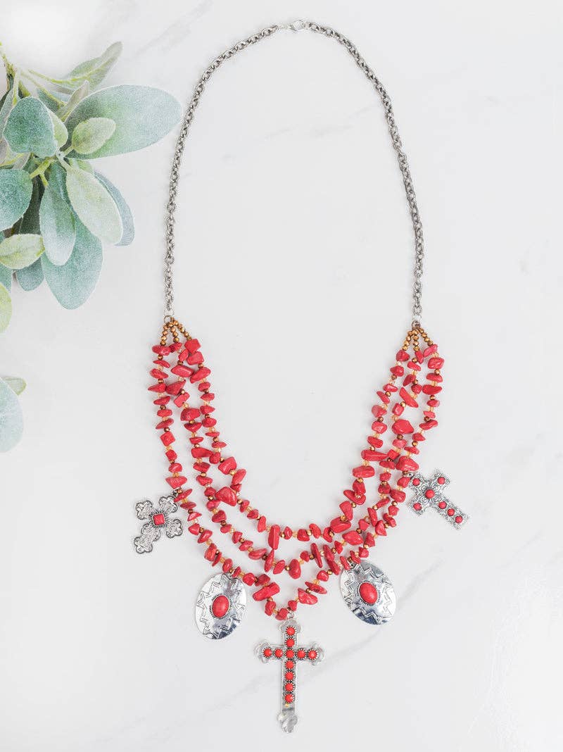 Tri-Strand Red Beaded Necklace with Silver & Copper Crosses