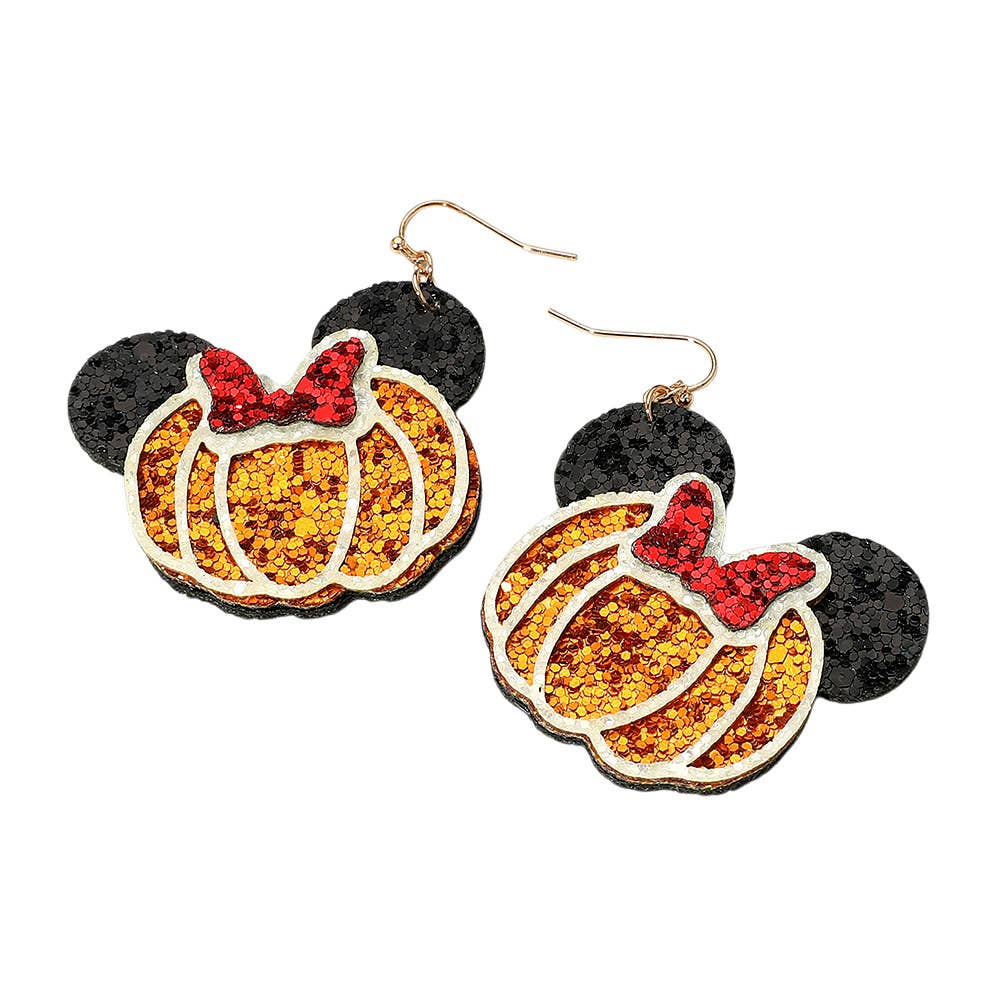 Glittered Halloween Pumpkin Mouse Character Dangle Earrings