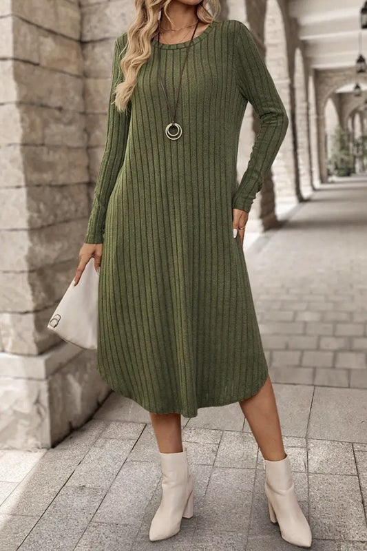 Ribbed Curved Hem Round Neck Long Sleeve Dress