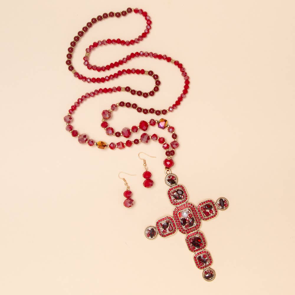 Crystal Cross Beaded Pendant Necklace & Earring Set