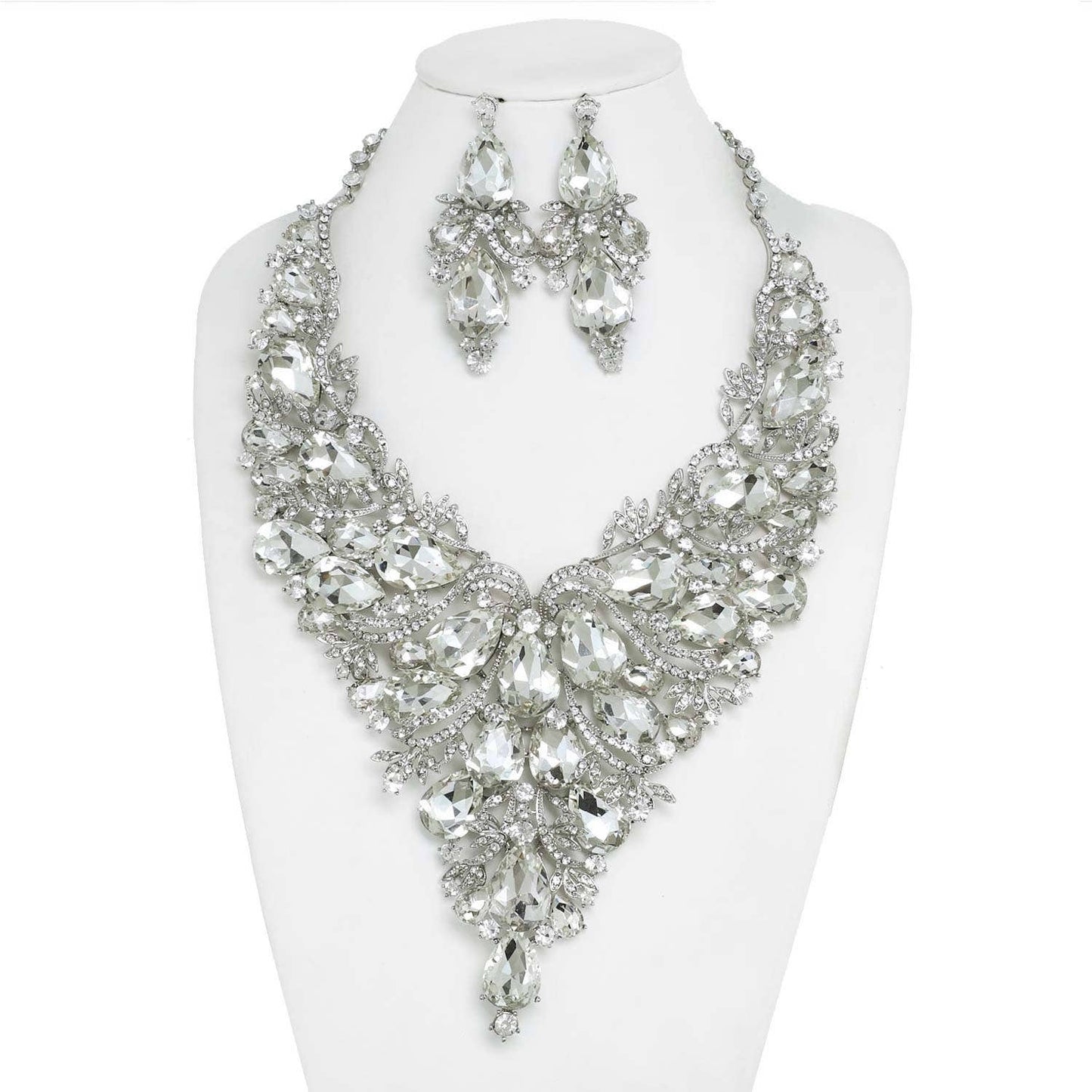 Crystal Gemstone Cluster V-Shaped Necklace Set