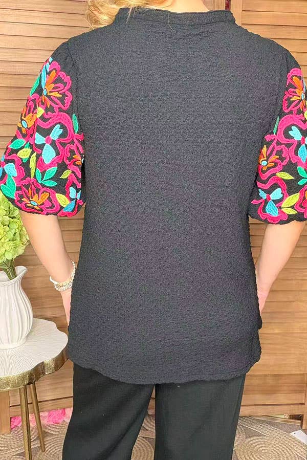 Floral embroidery black knitted women blouse XCH16540