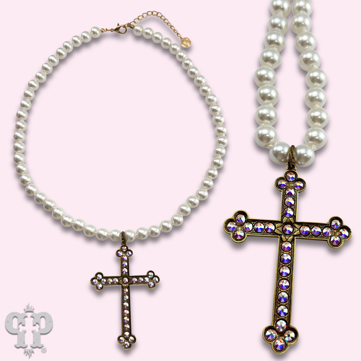 Large gold cross on pearl necklace with Austrian crystals