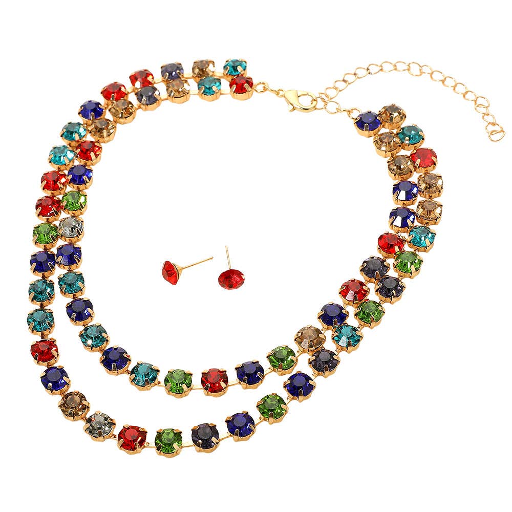 Double Row Round Stone Cluster Link Layered Necklace