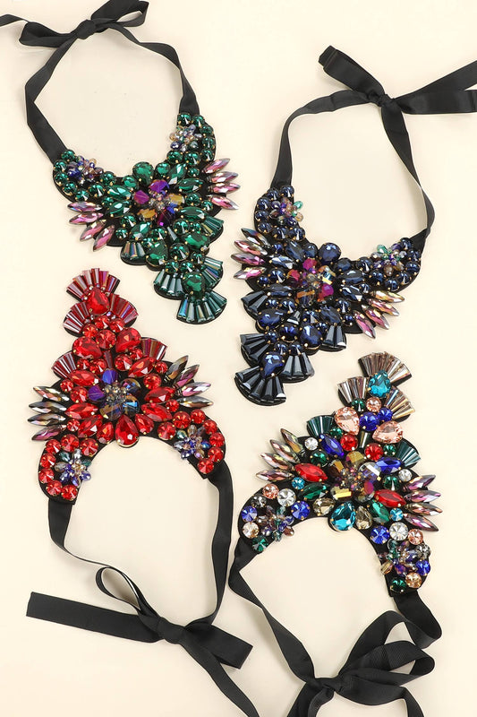 Floral Crystal Gemstone Ribbon Bib Necklace
