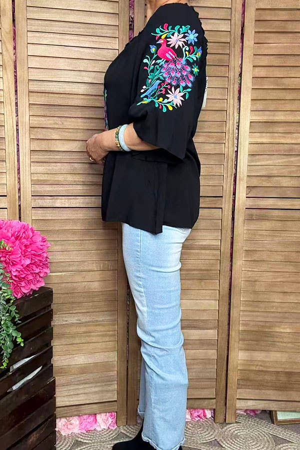 Flower & bird embroidery black rayon women top XCH16731