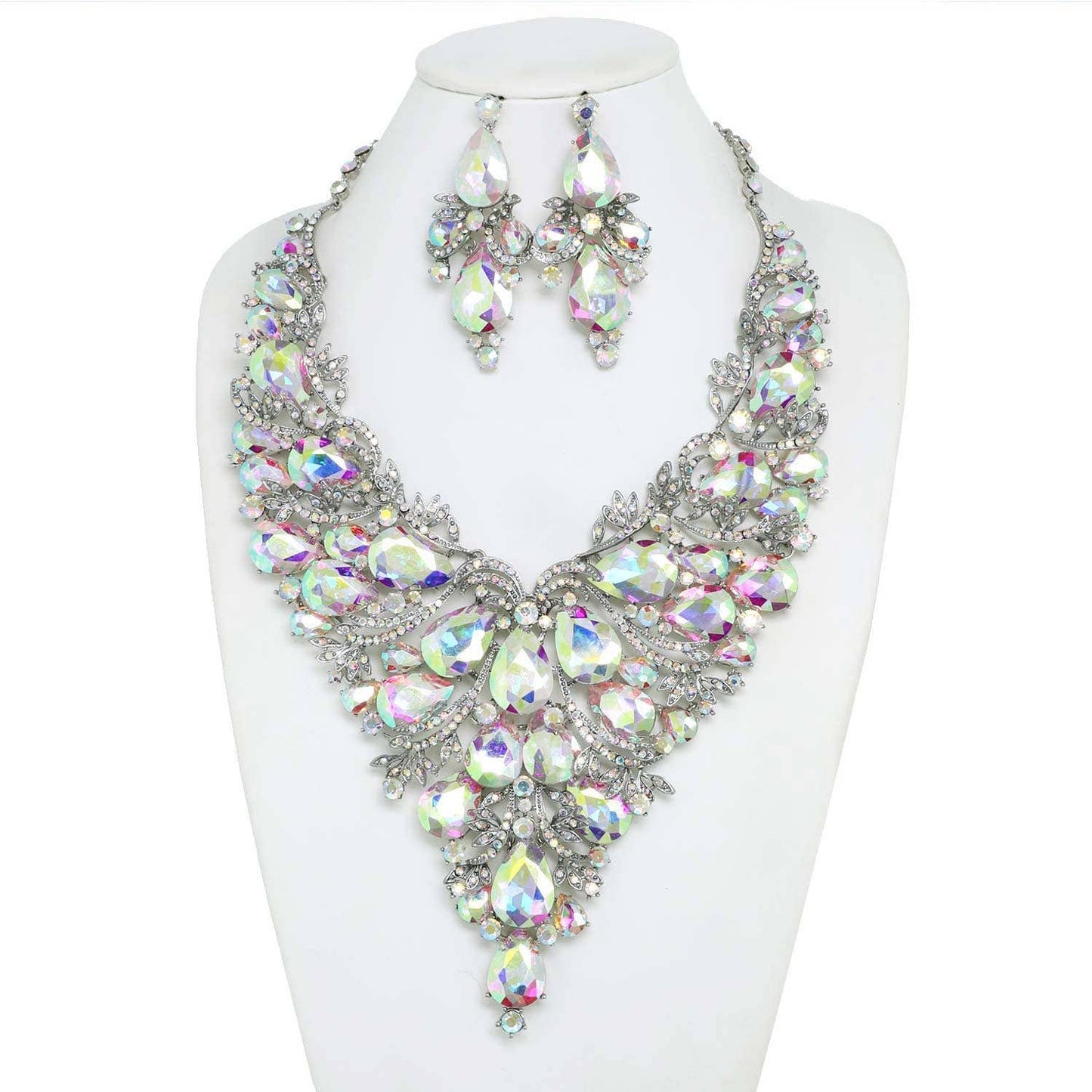 Crystal Gemstone Cluster V-Shaped Necklace Set