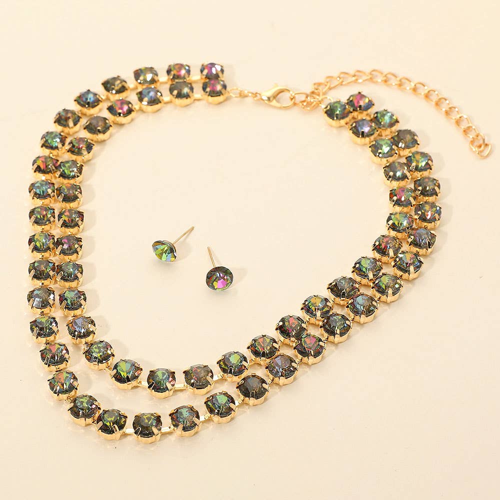 Double Row Round Stone Cluster Link Layered Necklace