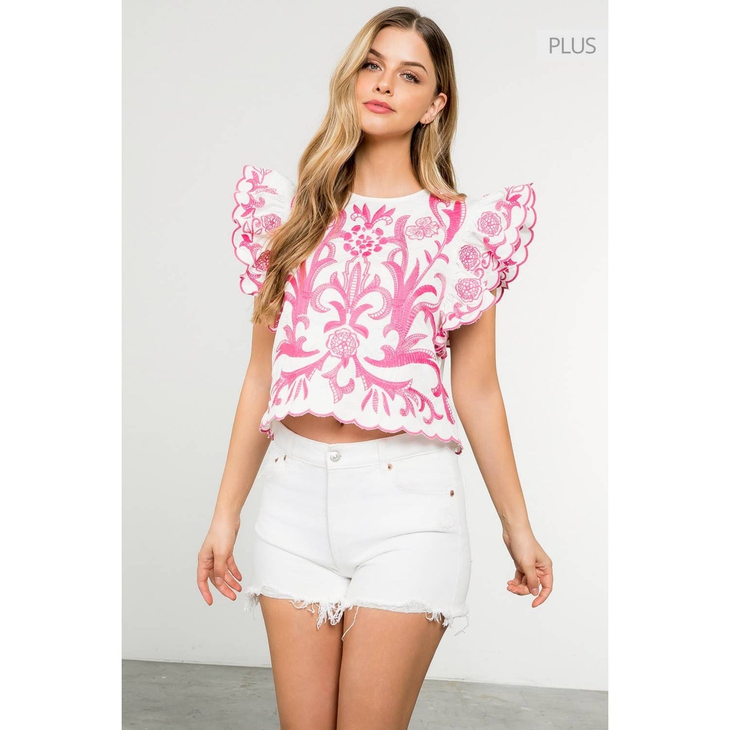 /Size XL/ Flutter Sleeve Poplin Embroidered Top