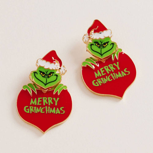 MERRY CHRISTMAS Heart Grinch Green Monster Earrings