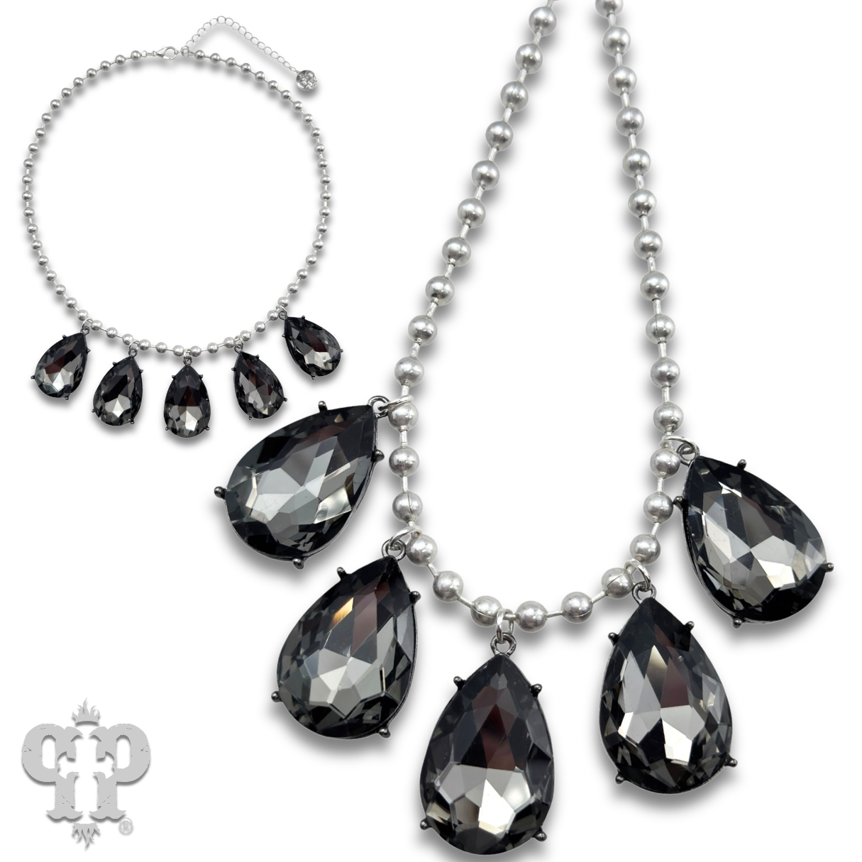Ball chain necklace with large rhinestone teardrop charms