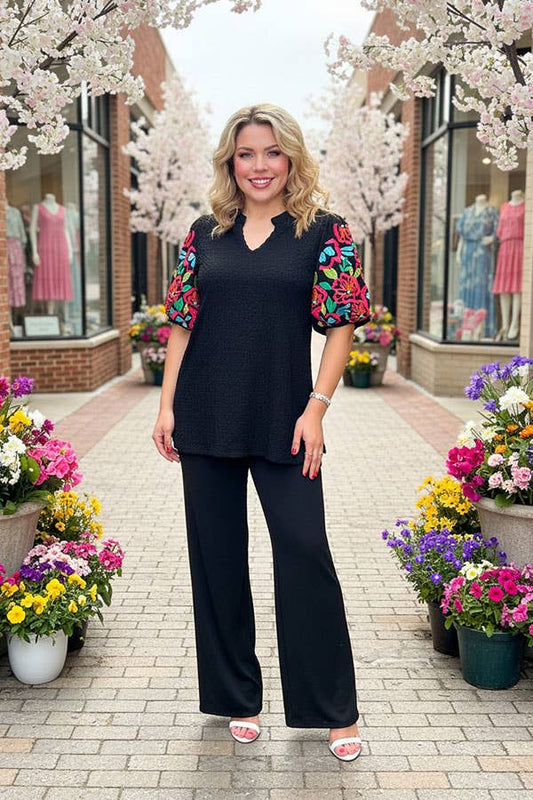 Floral embroidery black knitted women blouse XCH16540