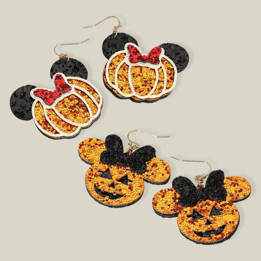 Glittered Halloween Pumpkin Mouse Character Dangle Earrings