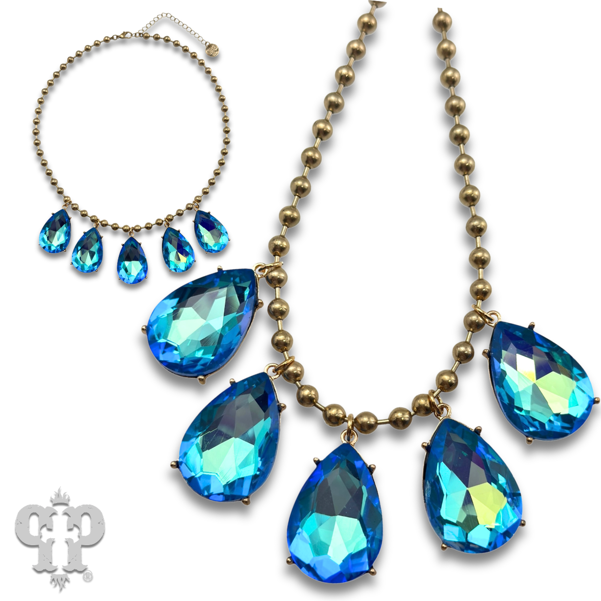 Ball chain necklace with large rhinestone teardrop charms