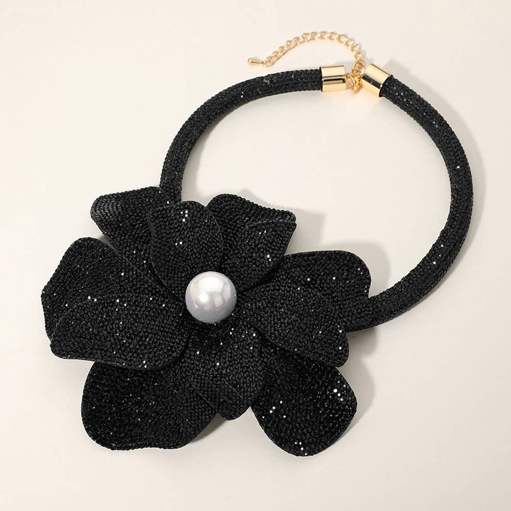 Pearl Centered Bling Studded Oversized Flower Pointed Necklace