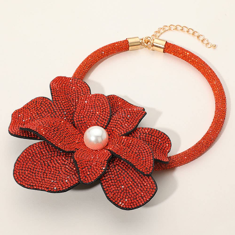 Pearl Centered Bling Studded Oversized Flower Pointed Necklace